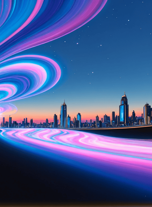 cityscape, buildings, neon, aurora, skyline
