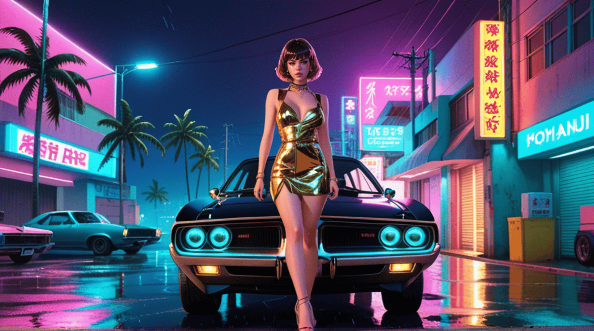 AI generated wallpaper featuring woman, car
