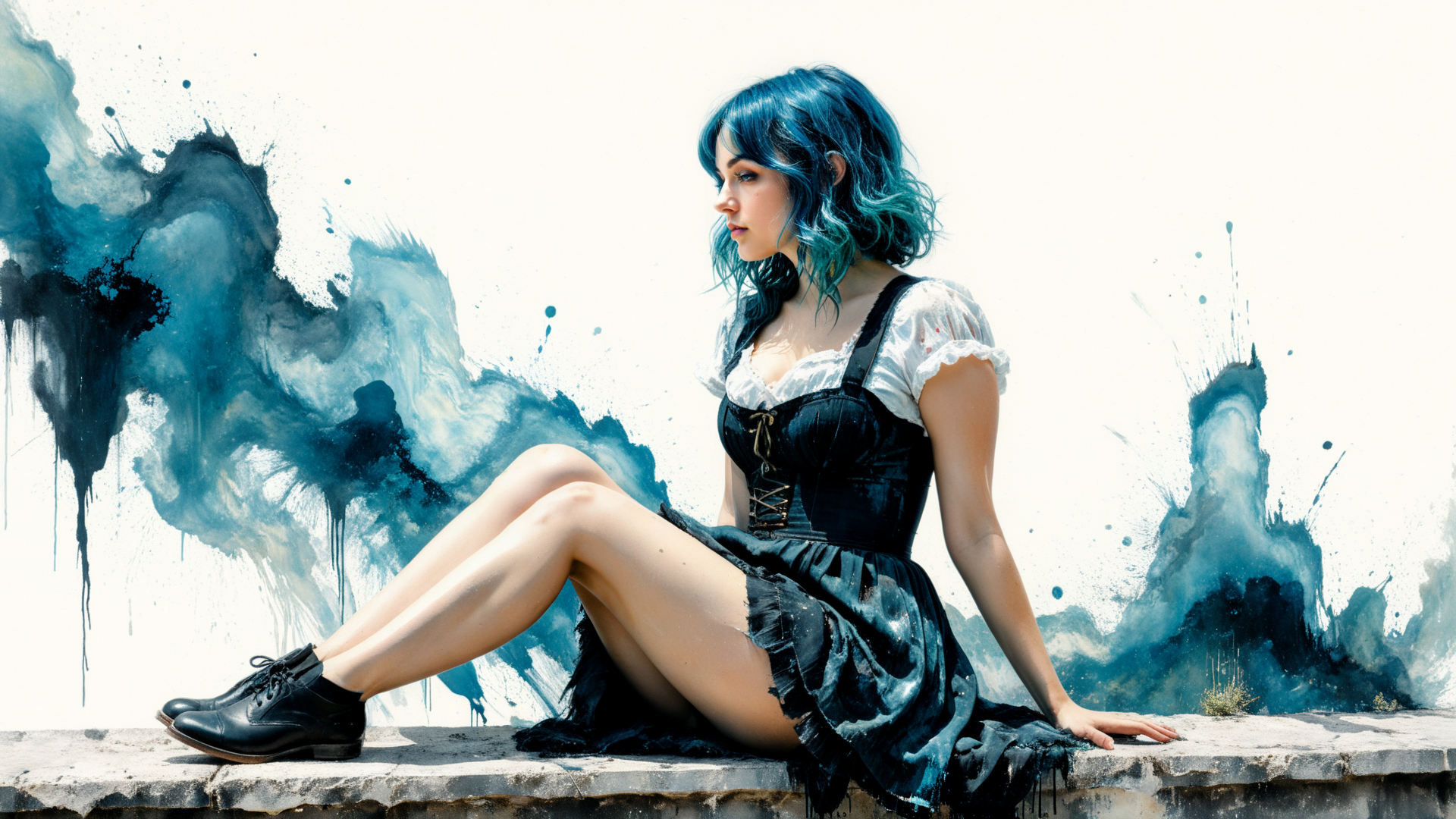 AI generated wallpaper featuring woman, blue hair, dress, shoes, wall, ink, art