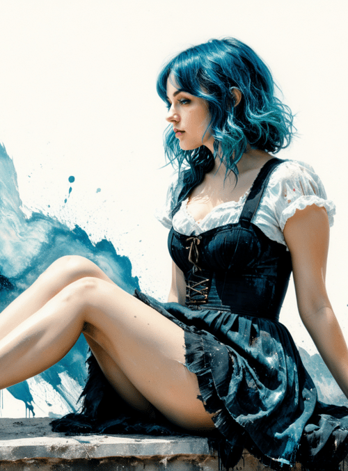 woman, blue hair, dress, shoes, wall, ink, art