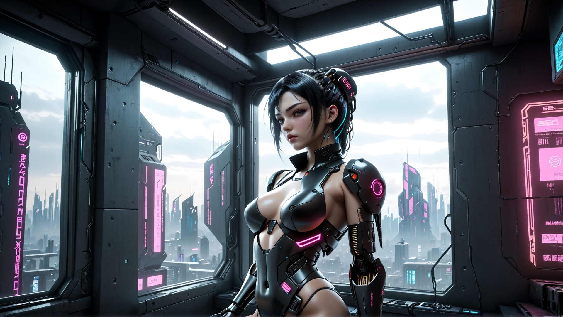 AI generated wallpaper featuring cyborg, woman, cityscape