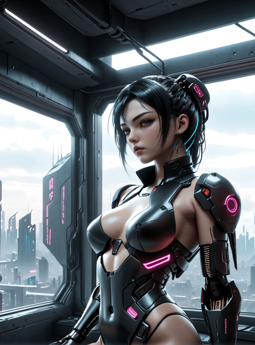 cyborg, woman, cityscape