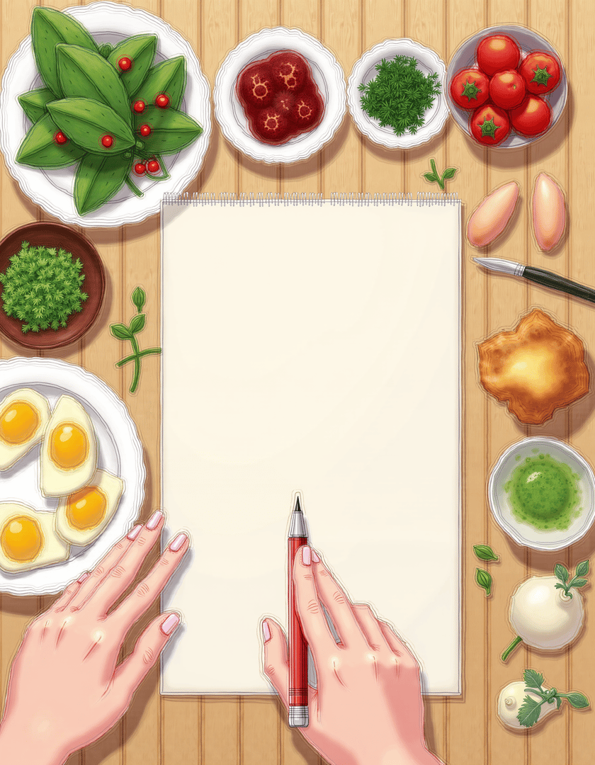 AI generated wallpaper featuring food, sketchbook, hands