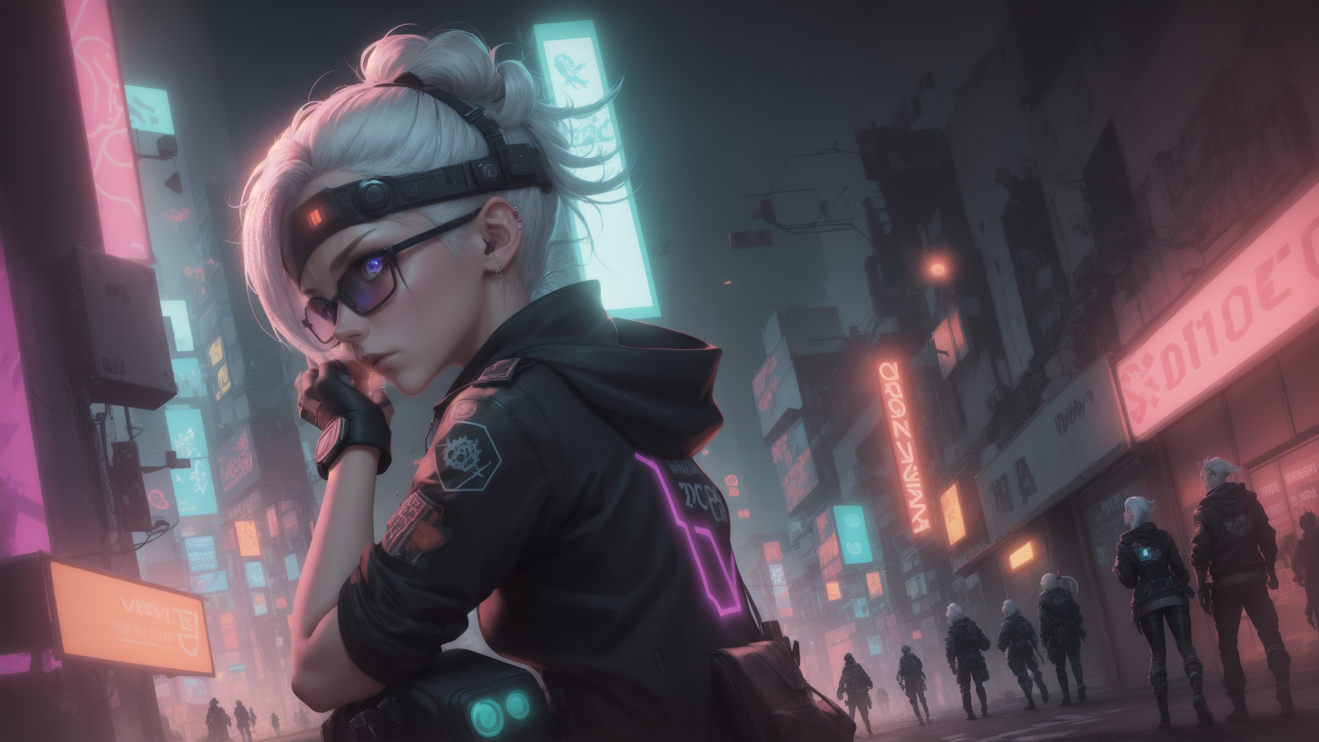 AI generated wallpaper featuring cyborg, girl, city