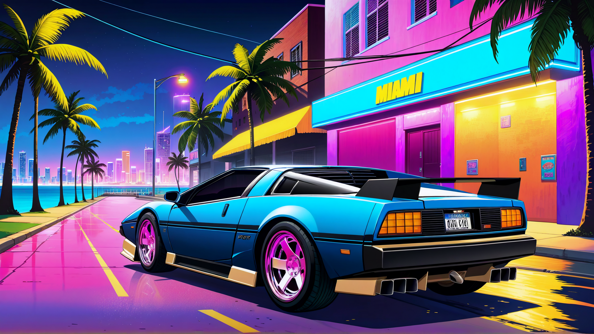 AI generated wallpaper featuring car, palm tree, building, street, neon sign