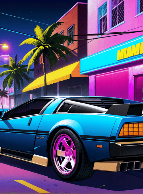 car, palm tree, building, street, neon sign