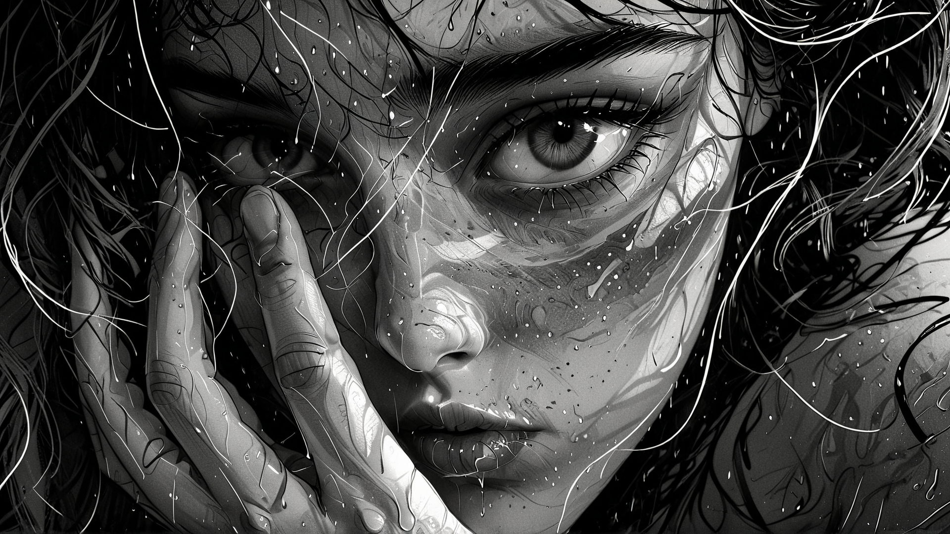 AI generated wallpaper featuring woman, face, hand, hair, water