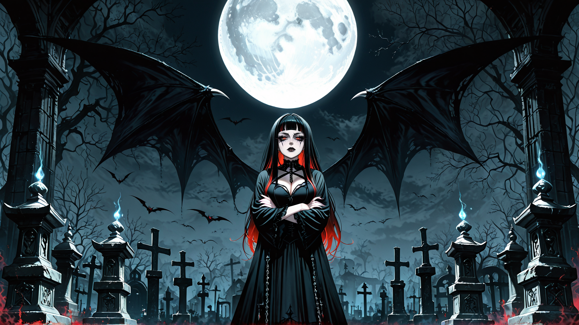 AI generated wallpaper featuring vampire, bat, graveyard, moon, cross, lantern, woman, tree, chain, candle
