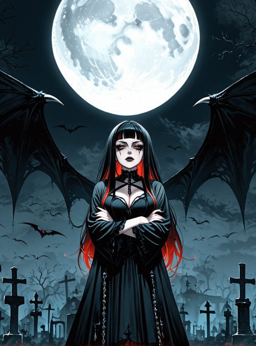 vampire, bat, graveyard, moon, cross, lantern, woman, tree, chain, candle