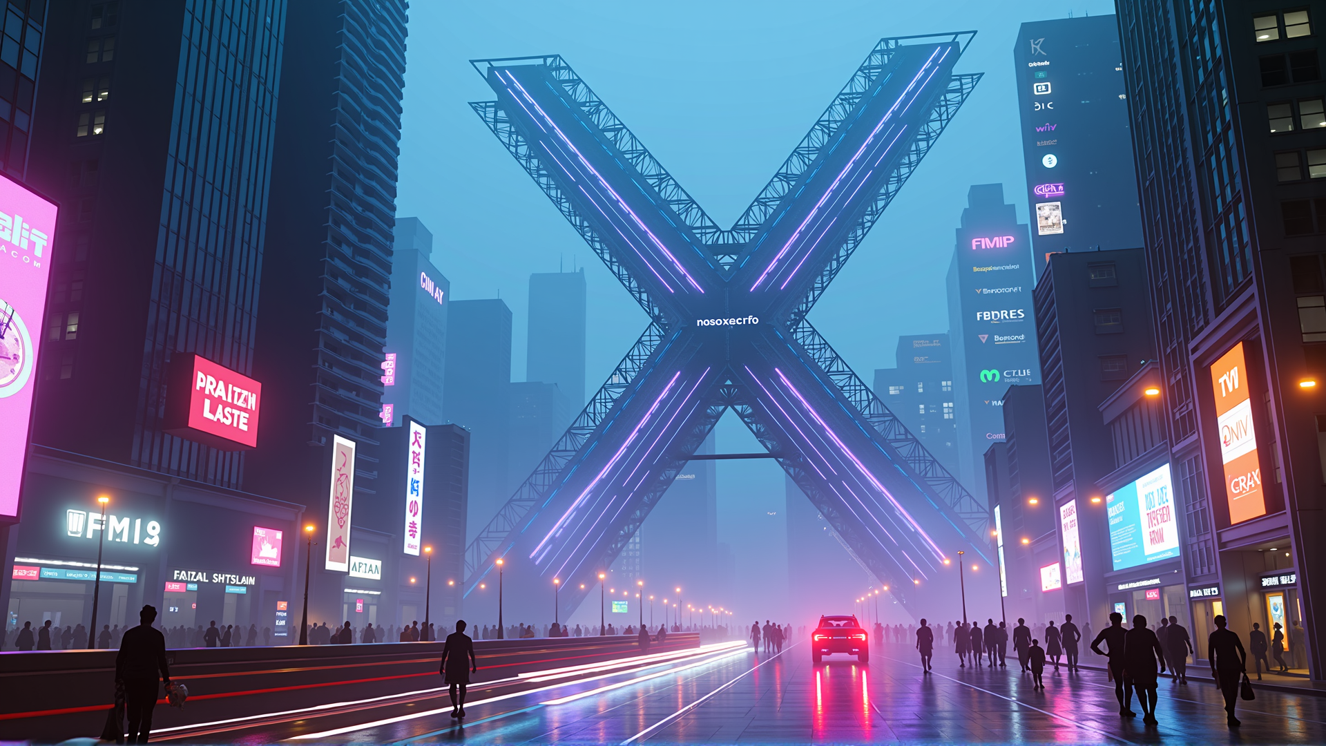 AI generated wallpaper featuring cityscape, neon, buildings, street, x-structure, signs, cars, people, skyscrapers, fog