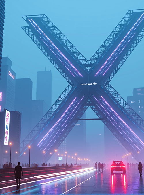 cityscape, neon, buildings, street, x-structure, signs, cars, people, skyscrapers, fog