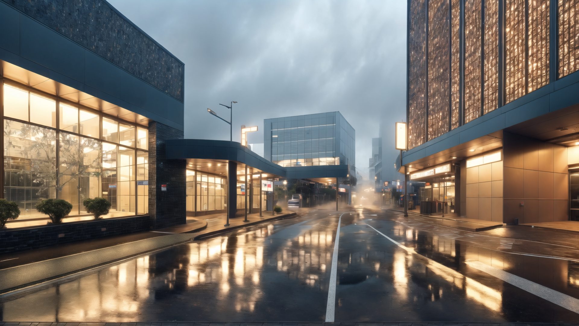 AI generated wallpaper featuring street, buildings, road, windows, bushes, signs, lights, cityscape, reflection, sky