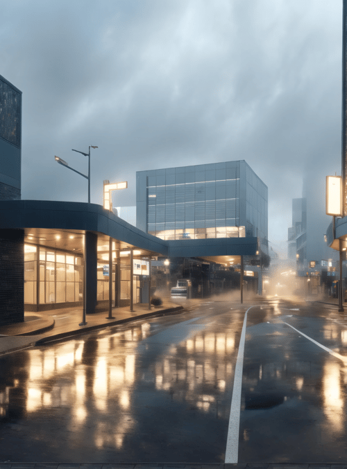 street, buildings, road, windows, bushes, signs, lights, cityscape, reflection, sky