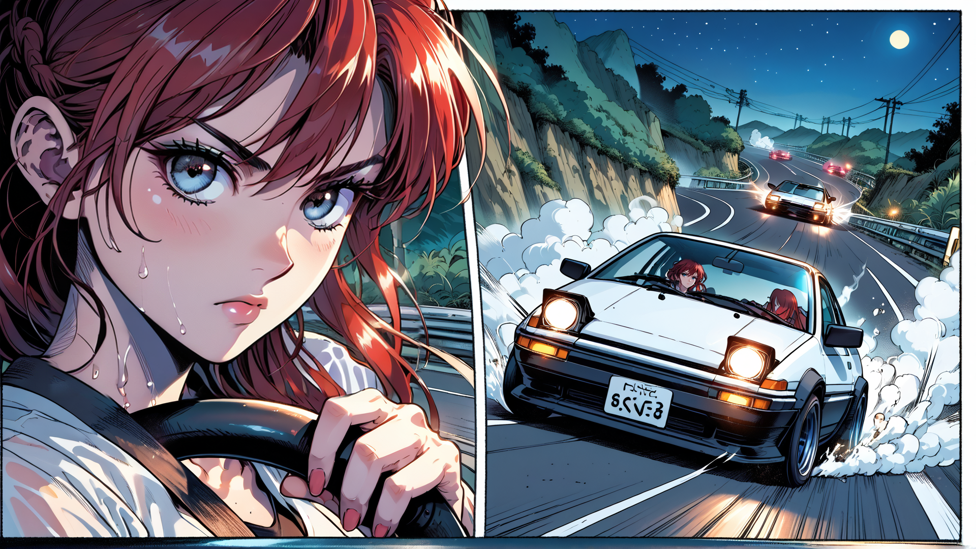 AI generated wallpaper featuring car, girl, road, mountains, moon, nightscape, driving, speed, tears, sweat