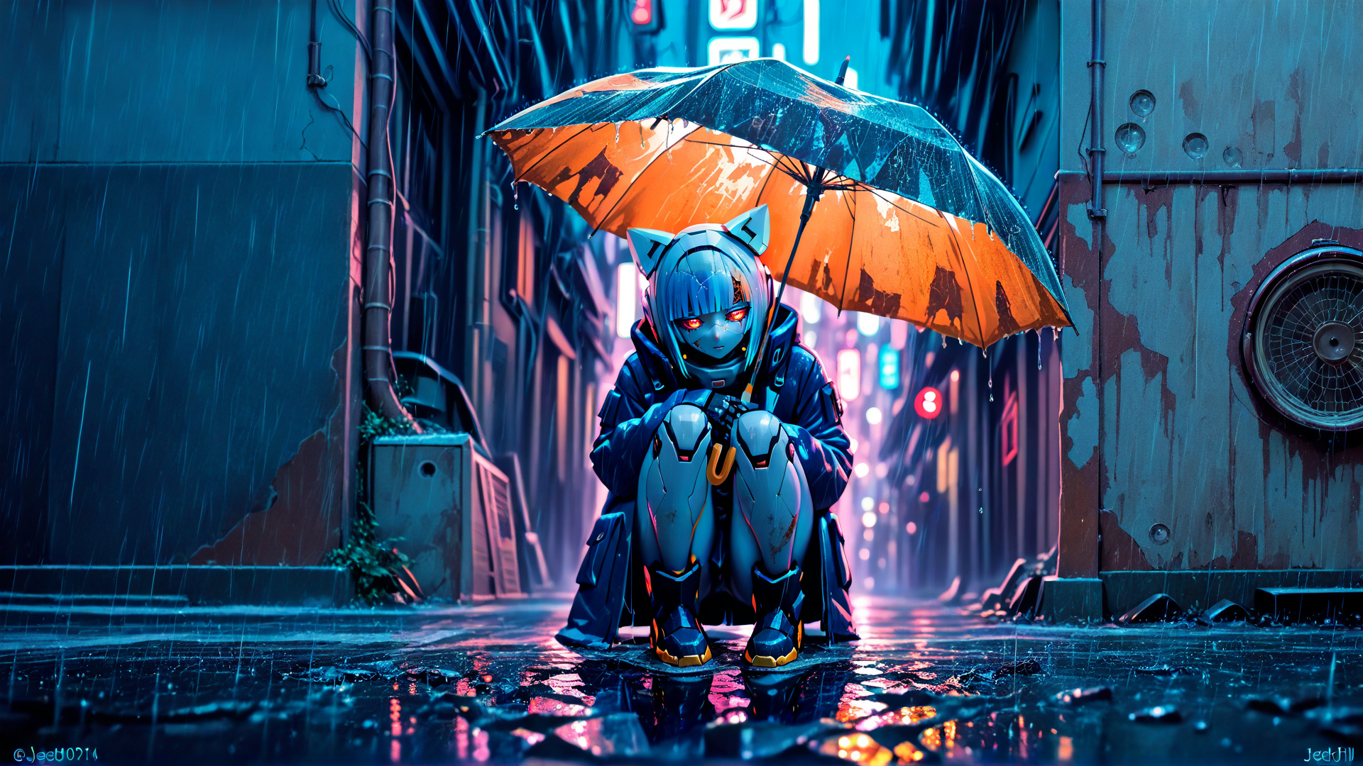 AI generated wallpaper featuring cyborg, cat-eared, umbrella