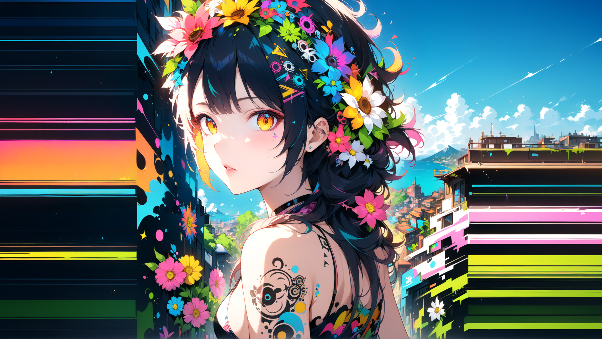 AI generated wallpaper featuring anime girl, flowers, city