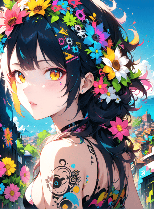 anime girl, flowers, city