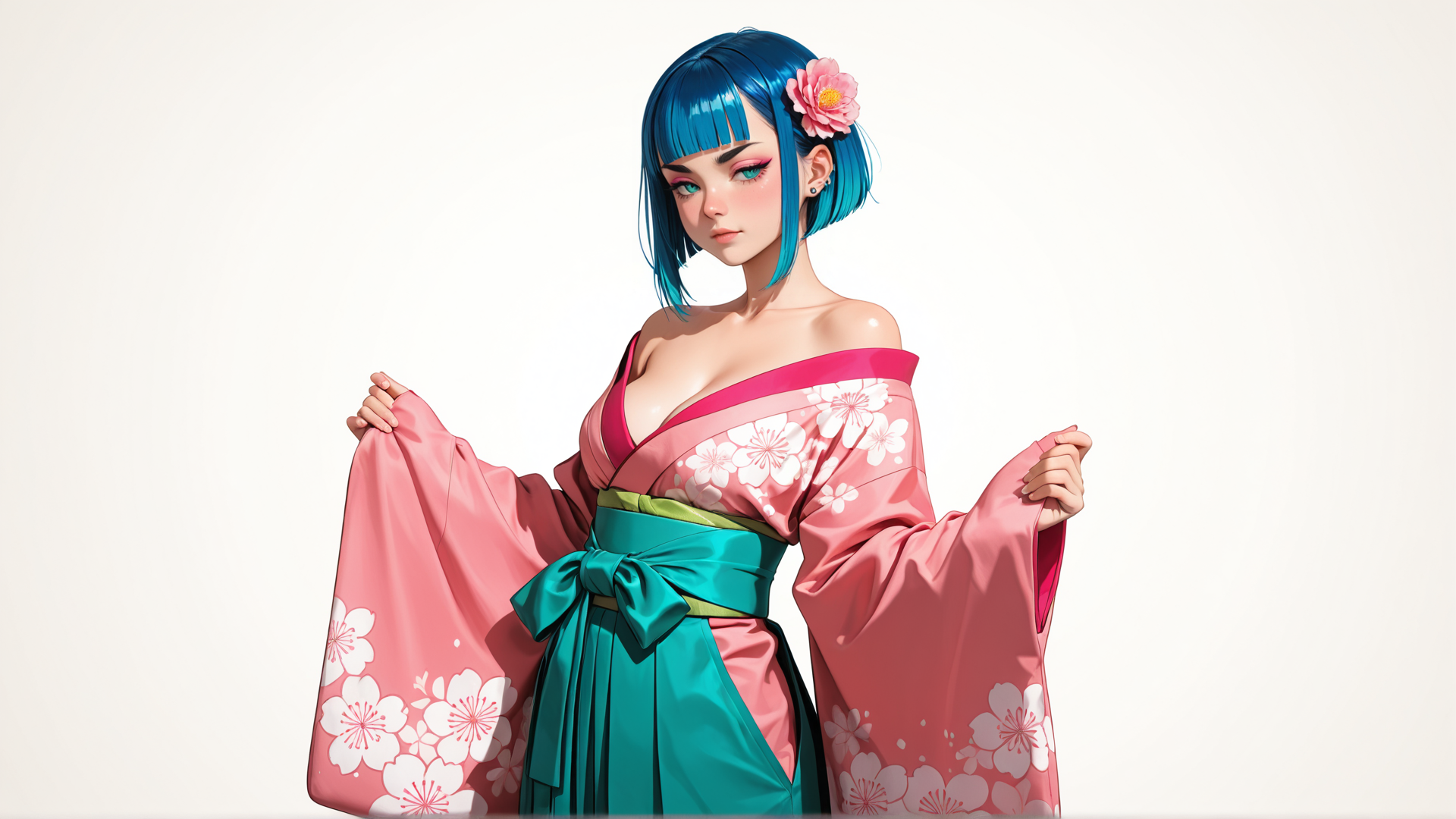 AI generated wallpaper featuring woman, geisha, kimono, flower