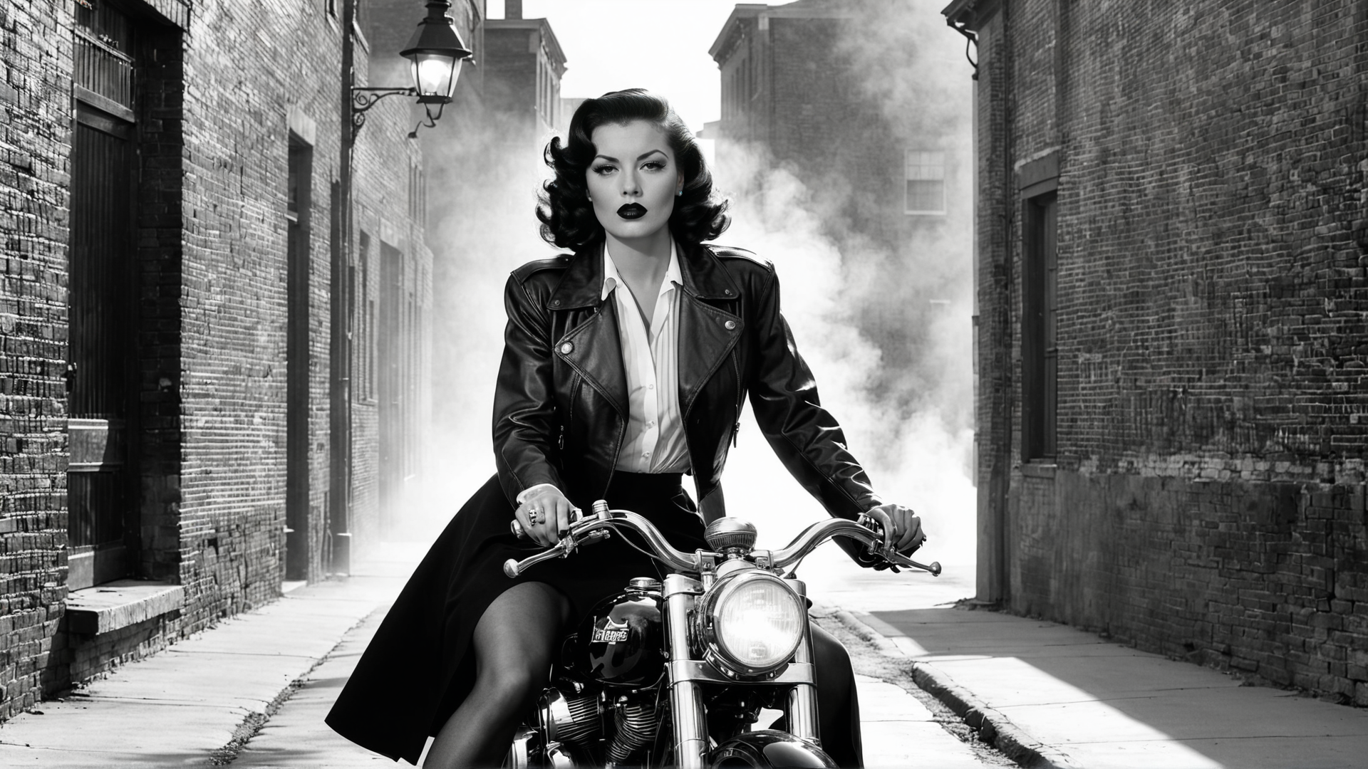 AI generated wallpaper featuring woman, motorcycle, alley