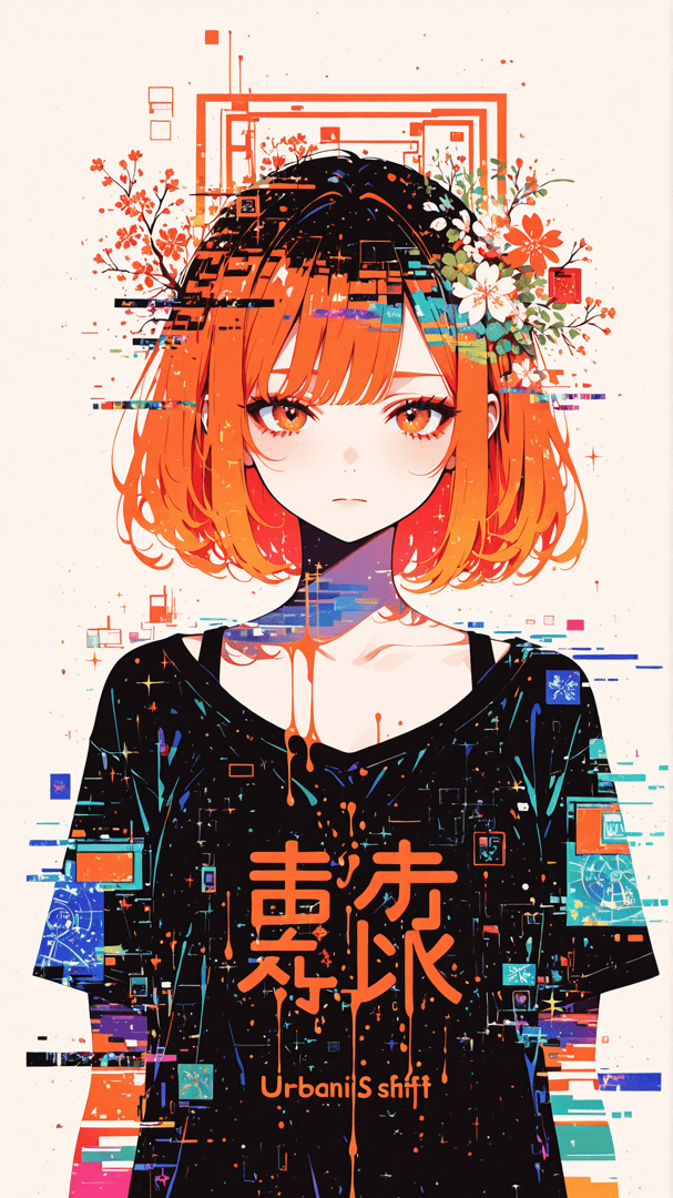 AI generated wallpaper featuring girl, flowers, glitch, graphic, text