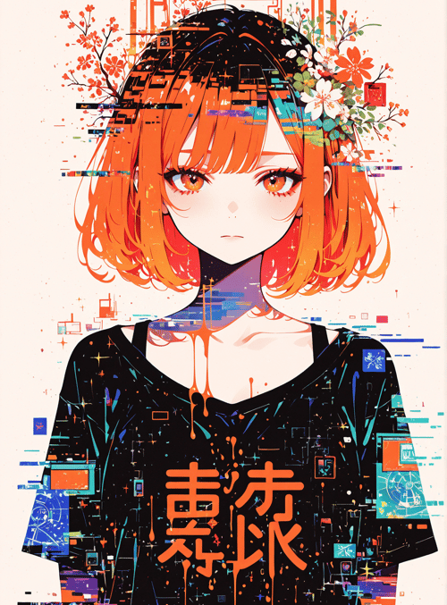 girl, flowers, glitch, graphic, text
