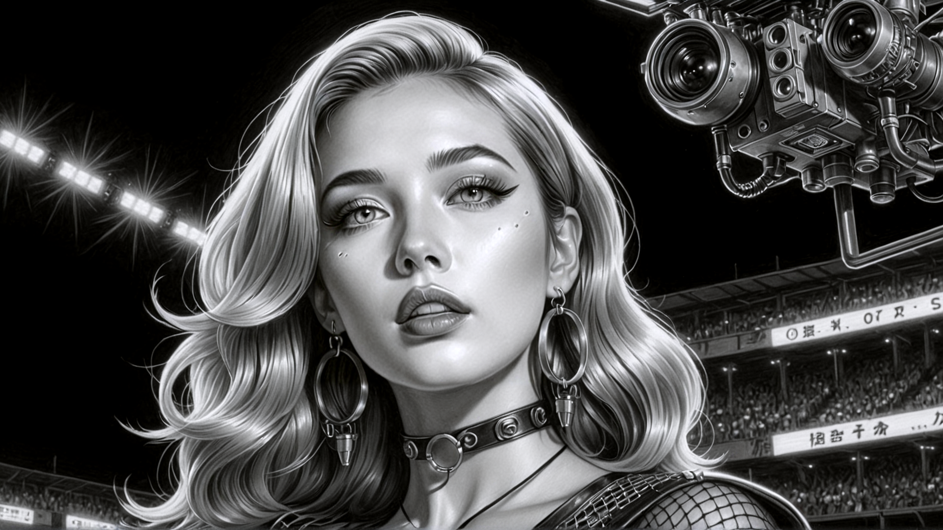 AI generated wallpaper featuring woman, camera, stadium, lights, earrings, choker