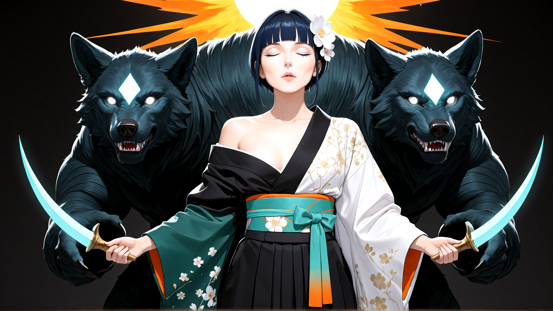 AI generated wallpaper featuring woman, wolves, kimono