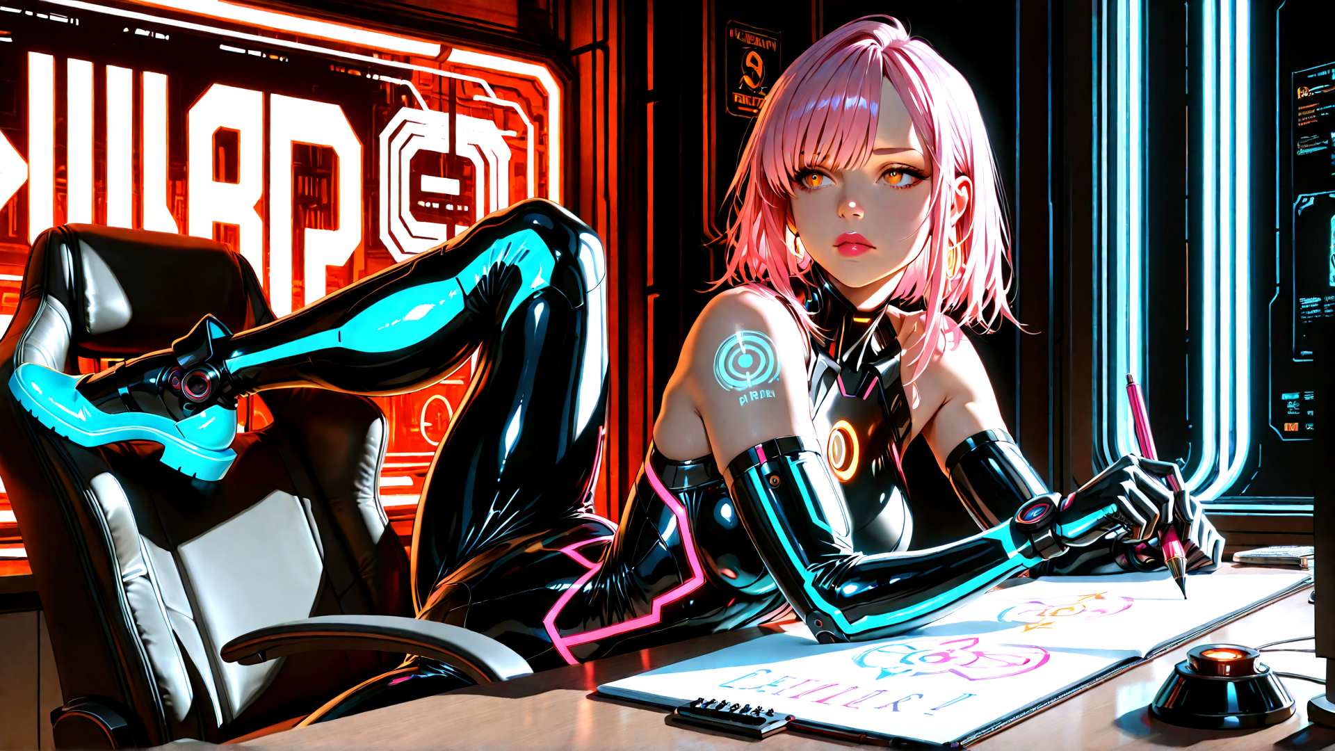 AI generated wallpaper featuring cyborg, woman, robot, artist, neon, gaming chair, drawing, screen, chair