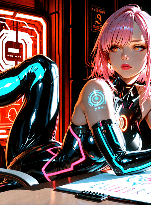 cyborg, woman, robot, artist, neon, gaming chair, drawing, screen, chair