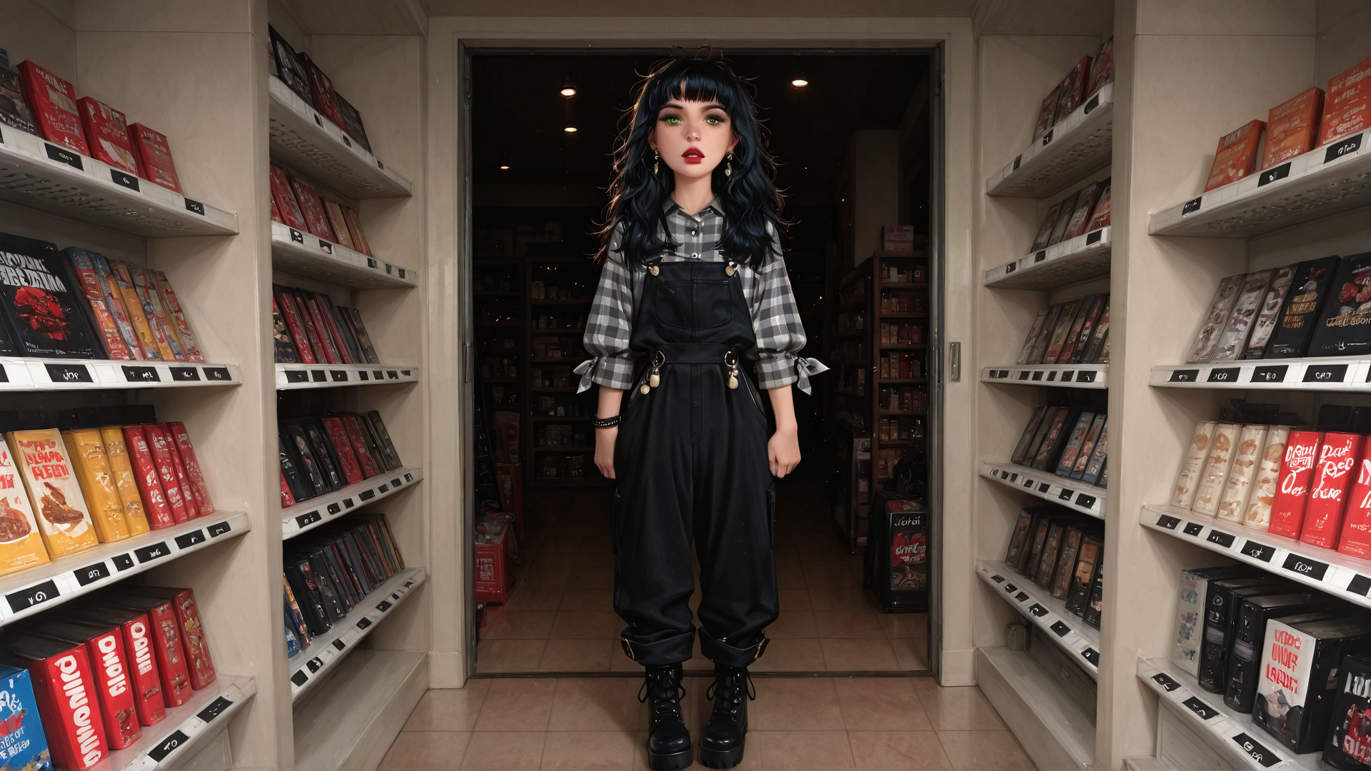 AI generated wallpaper featuring girl, overalls, store, shelves, games, boots, hair, checkered, shelves, boxes