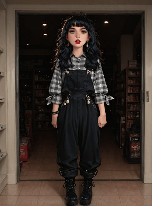 girl, overalls, store, shelves, games, boots, hair, checkered, shelves, boxes