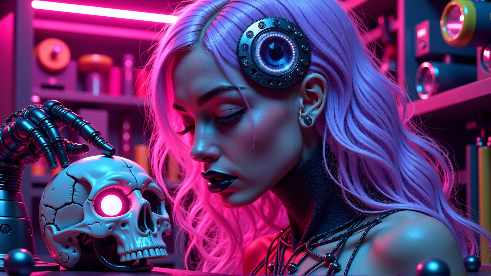 AI generated wallpaper featuring cyborg, skull, robot