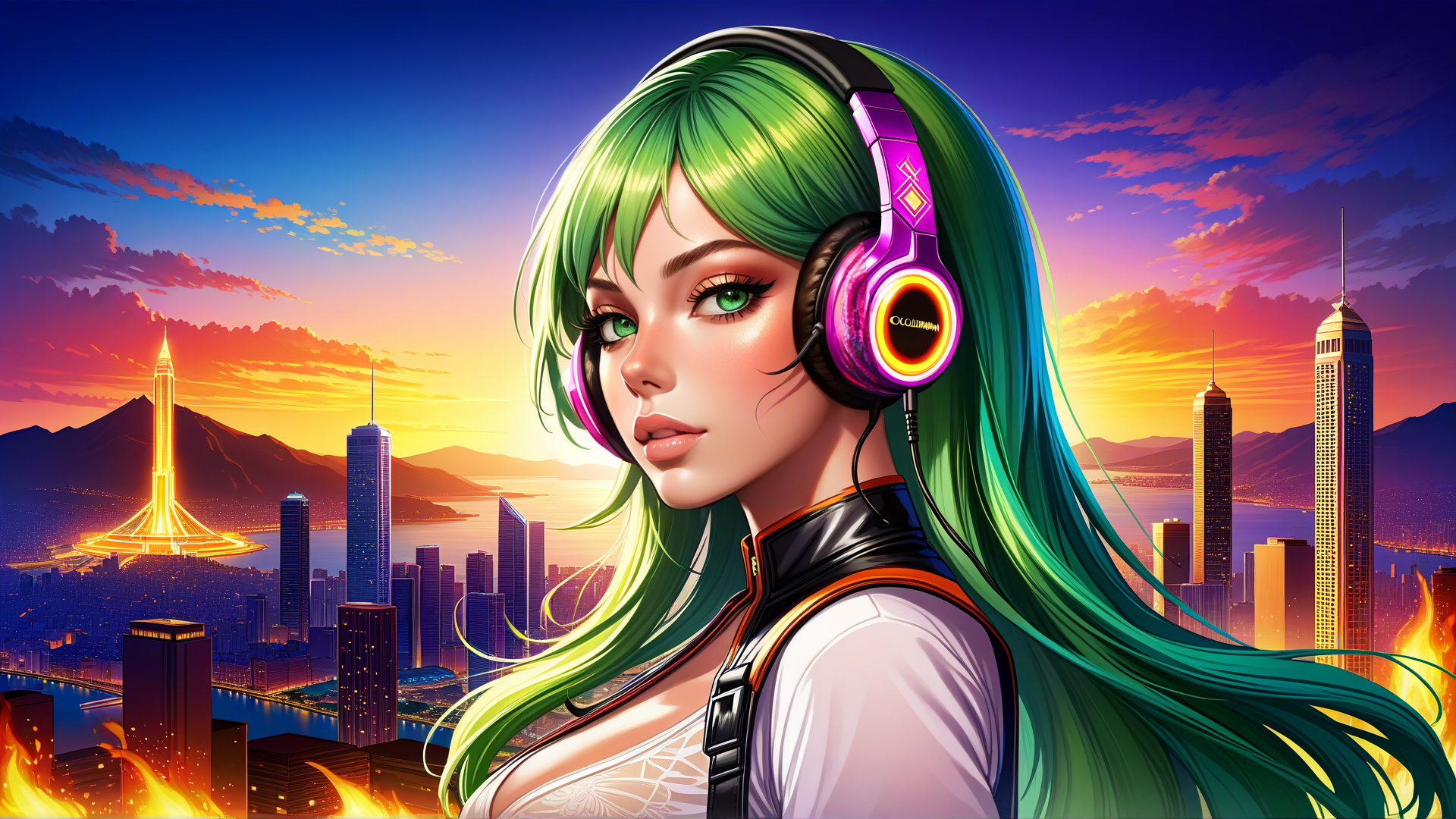AI generated wallpaper featuring woman, headphones, cityscape