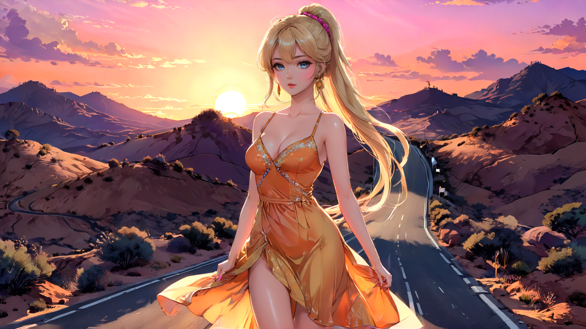 AI generated wallpaper featuring woman, sunset, desert