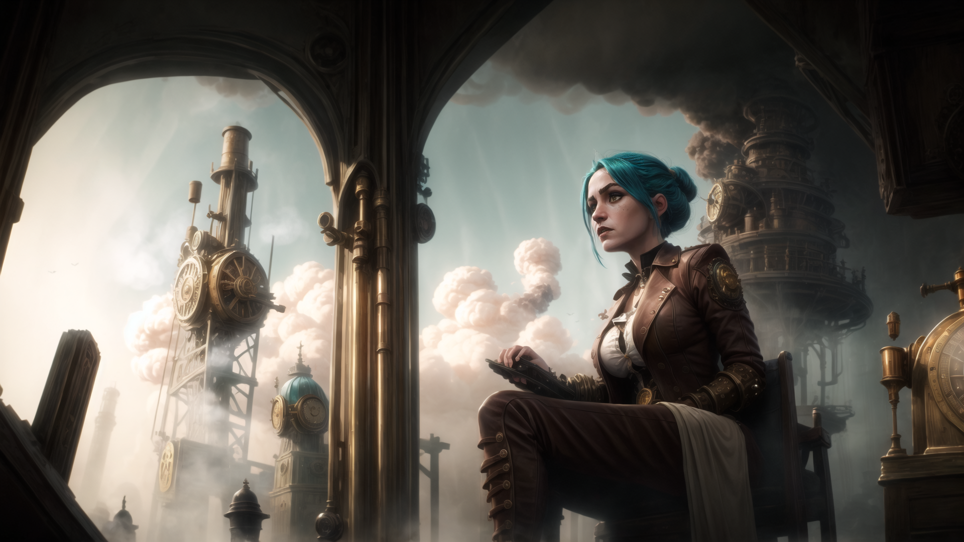 AI generated wallpaper featuring woman, steampunk, clock tower, gears, smoke