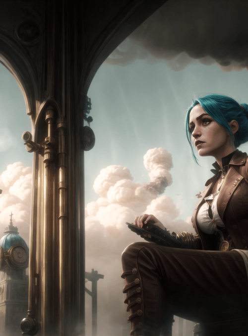woman, steampunk, clock tower, gears, smoke
