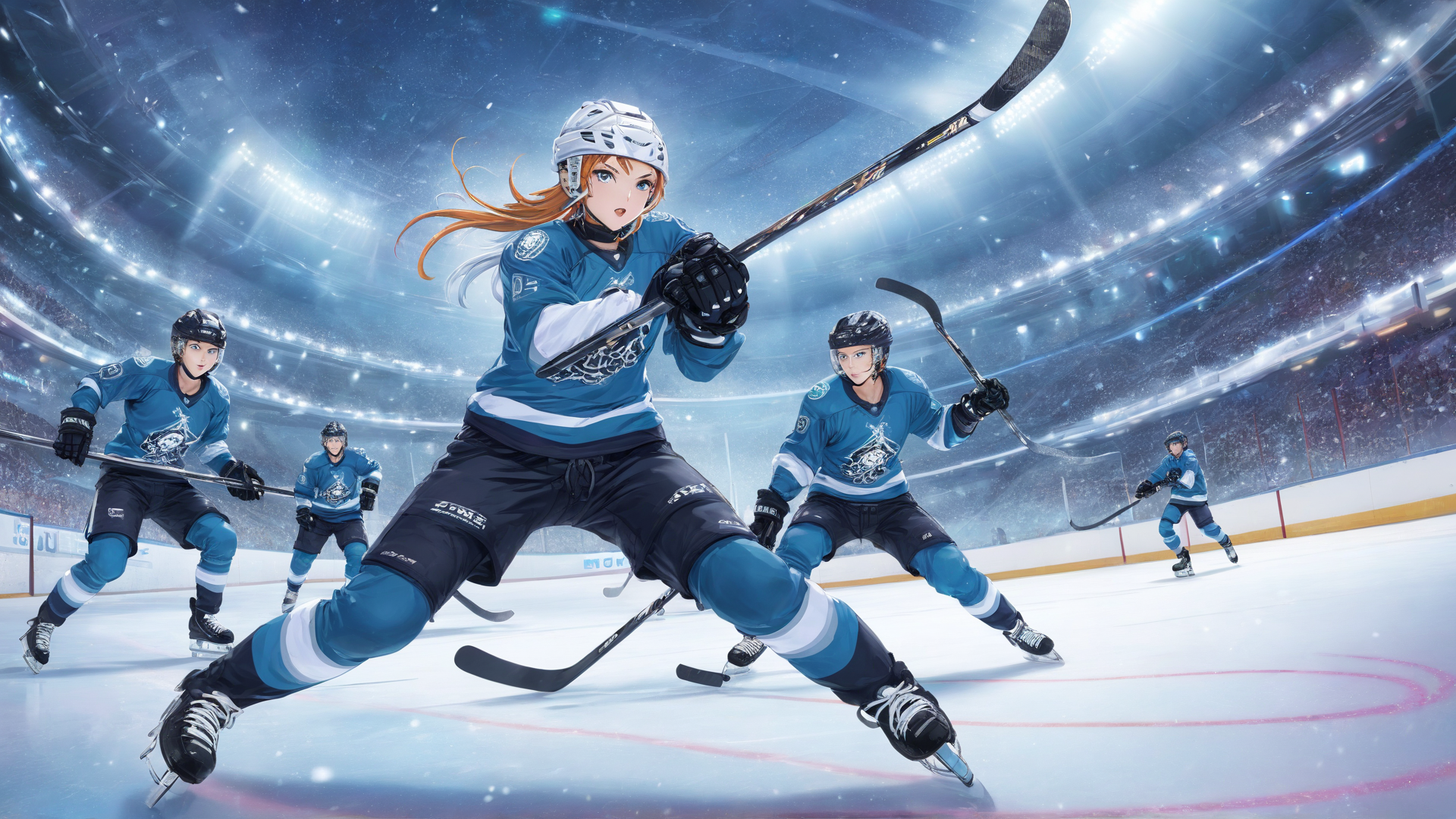 AI generated wallpaper featuring hockey player, ice hockey, team, athletes, skates, helmet, puck, arena, stadium, fans