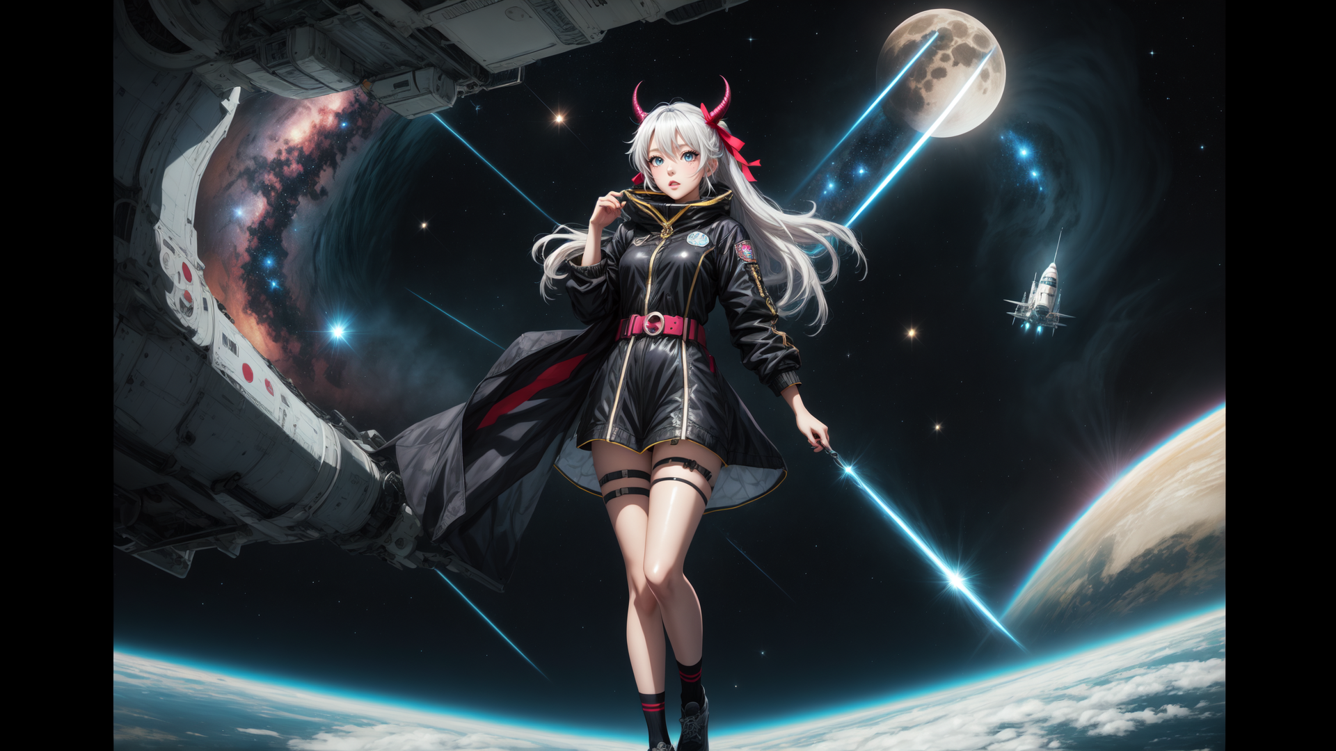AI generated wallpaper featuring anime girl, space, spaceship, moon, planet, space station, satellite, galaxy, astronaut, helmet