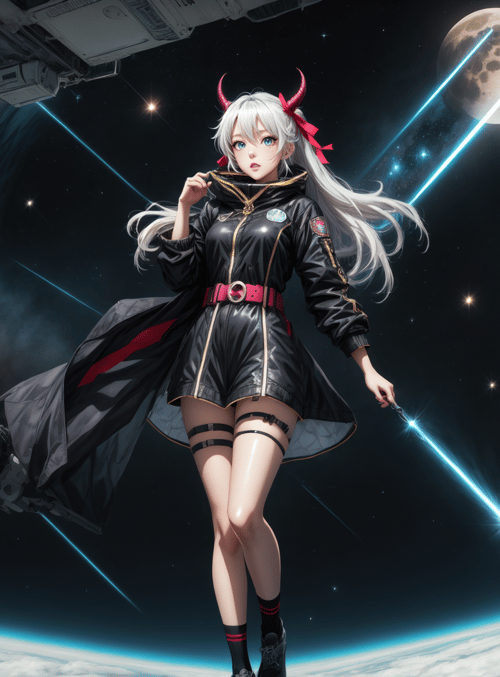 anime girl, space, spaceship, moon, planet, space station, satellite, galaxy, astronaut, helmet