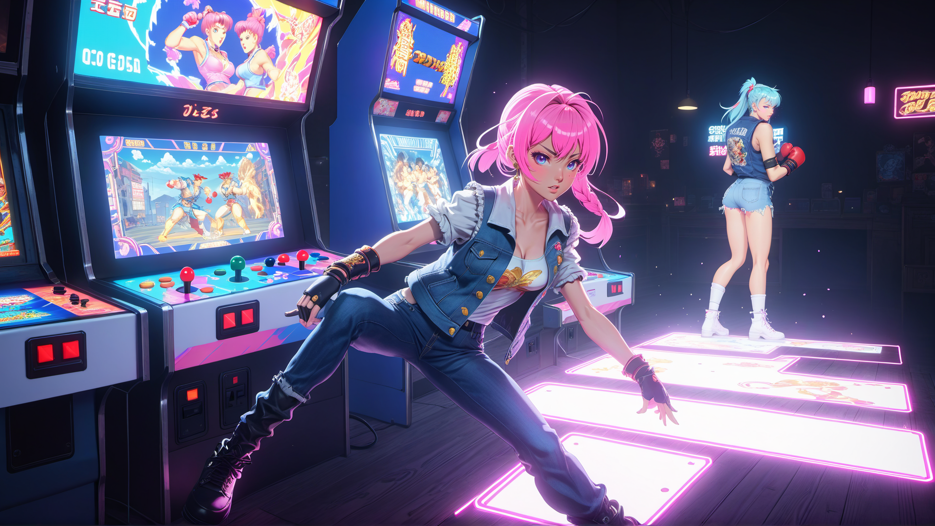 AI generated wallpaper featuring anime, girls, arcade