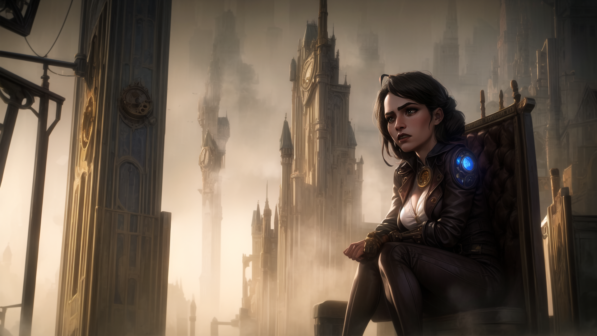 AI generated wallpaper featuring woman, steampunk, cityscape