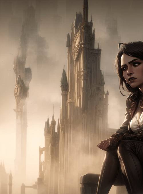 woman, steampunk, cityscape