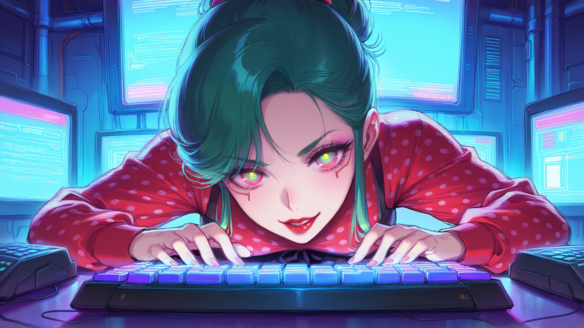 AI generated wallpaper featuring woman, keyboard, monitor