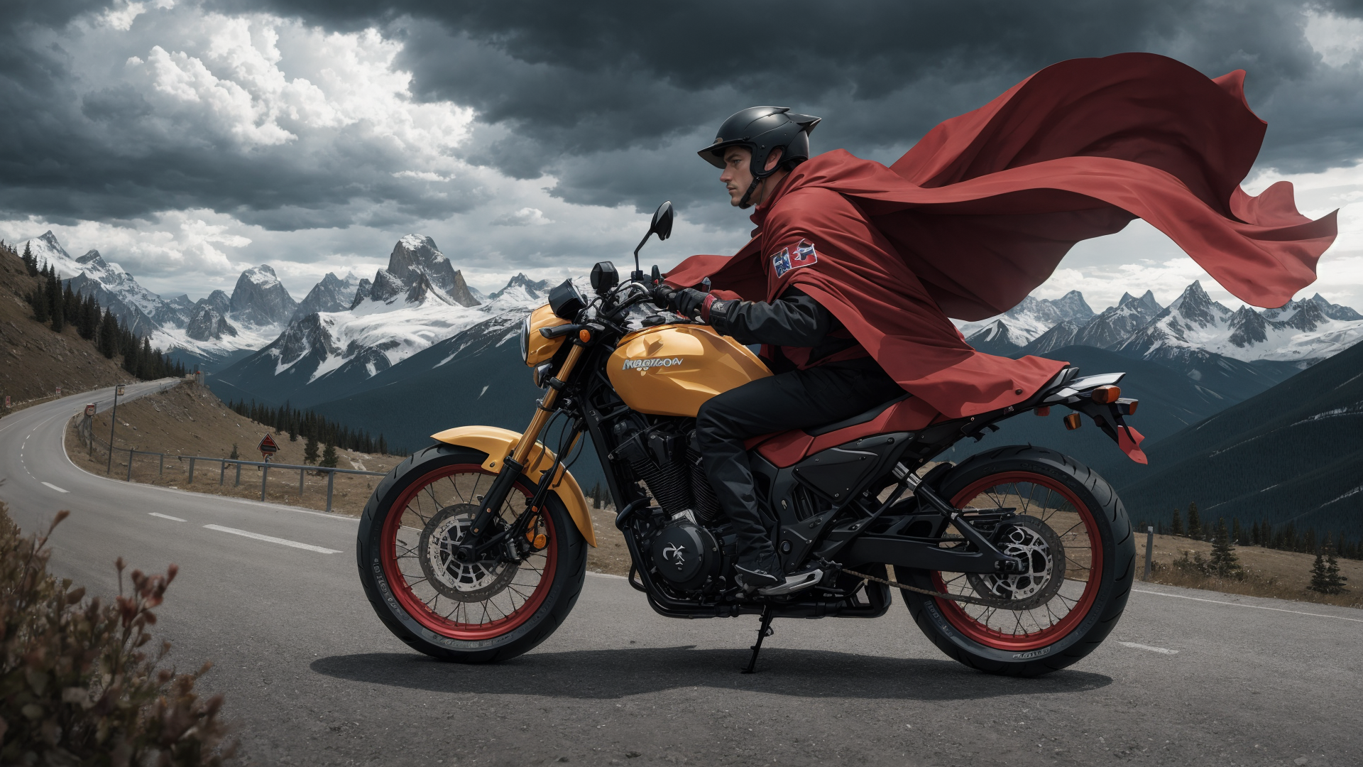 AI generated wallpaper featuring motorcyclist, motorcycle, cape