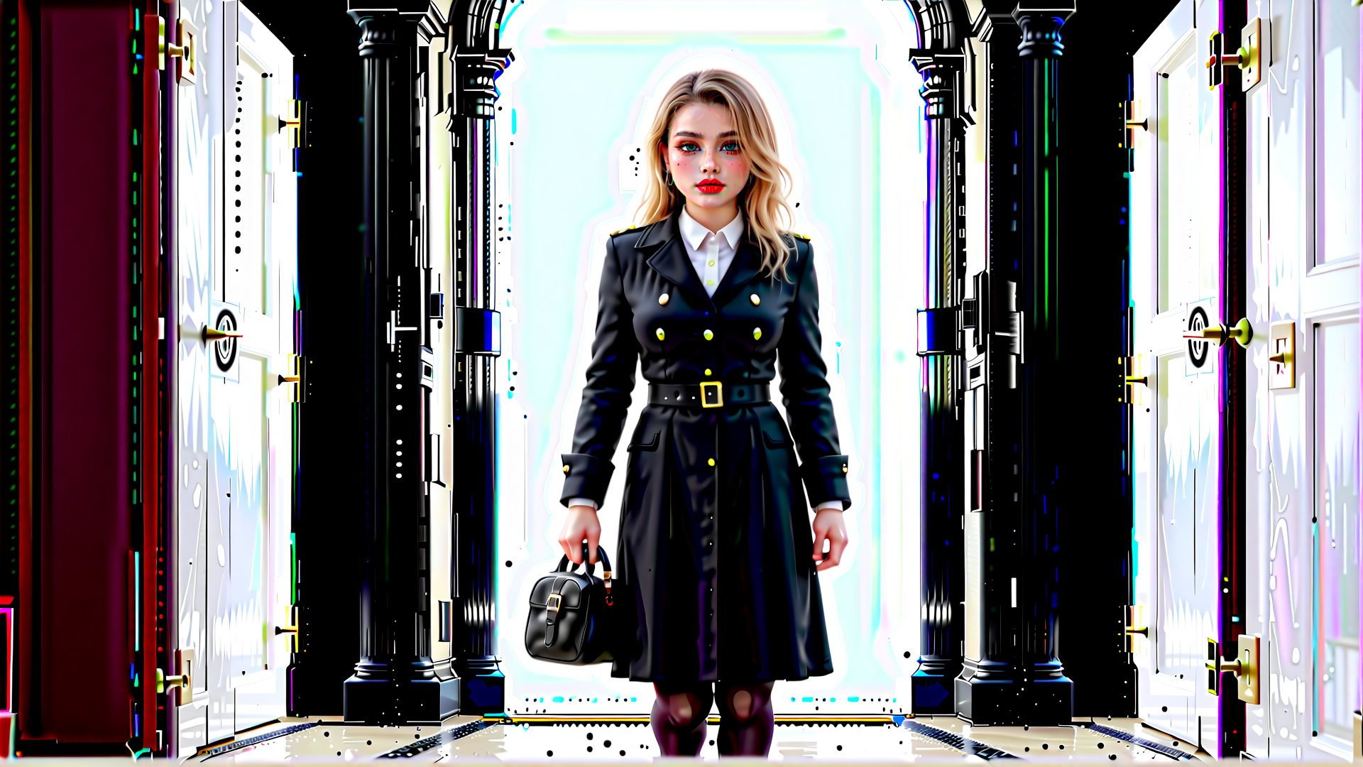 AI generated wallpaper featuring woman, coat, door, bag, columns, building, gloves, heels, lips, hair