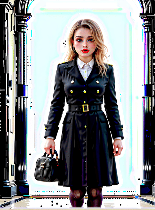 woman, coat, door, bag, columns, building, gloves, heels, lips, hair
