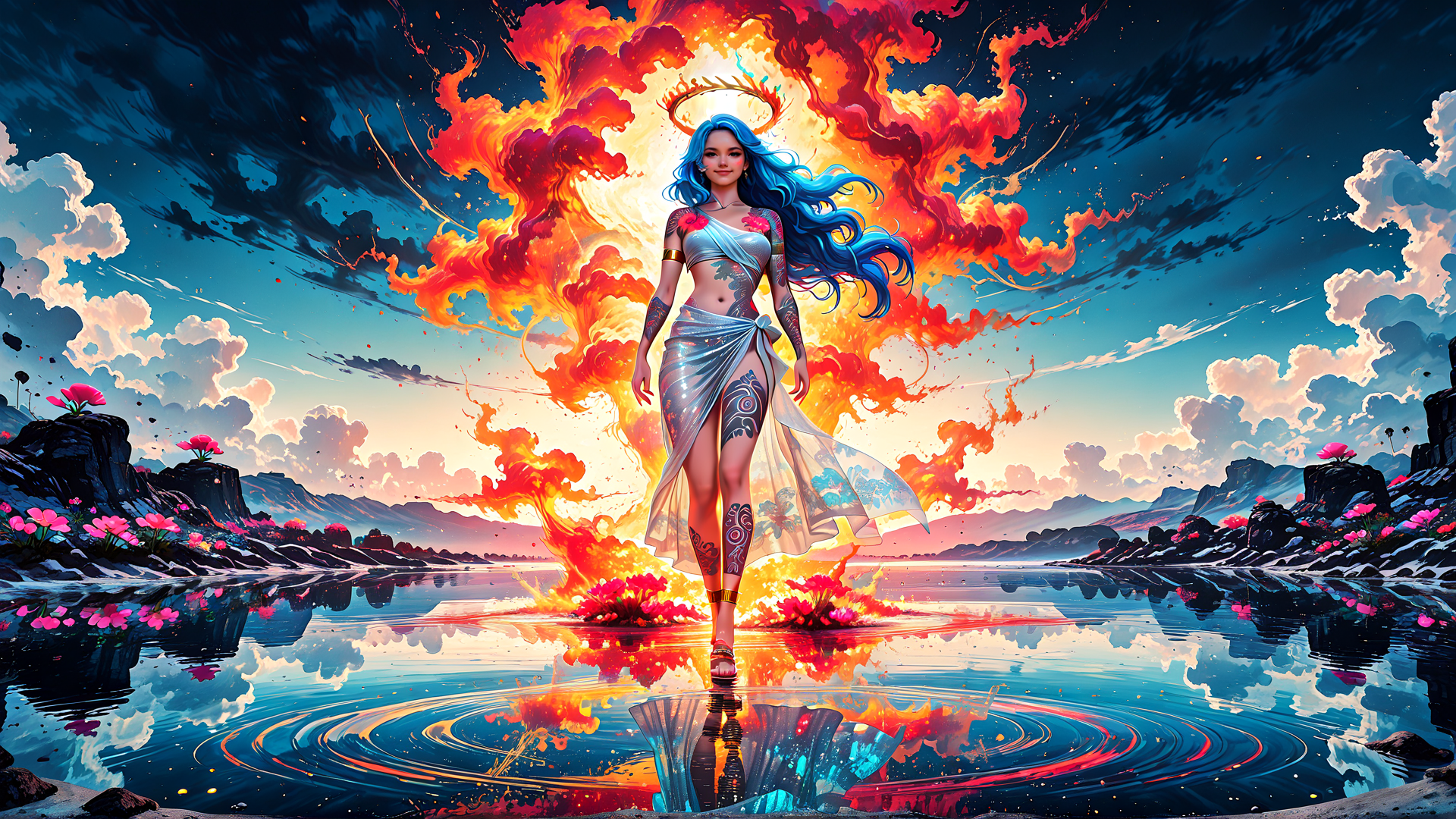 AI generated wallpaper featuring woman, fire, water, flowers, sky, mountains, reflection, headdress, tattoos, rocks