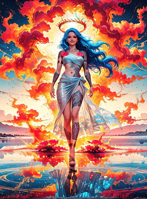 woman, fire, water, flowers, sky, mountains, reflection, headdress, tattoos, rocks