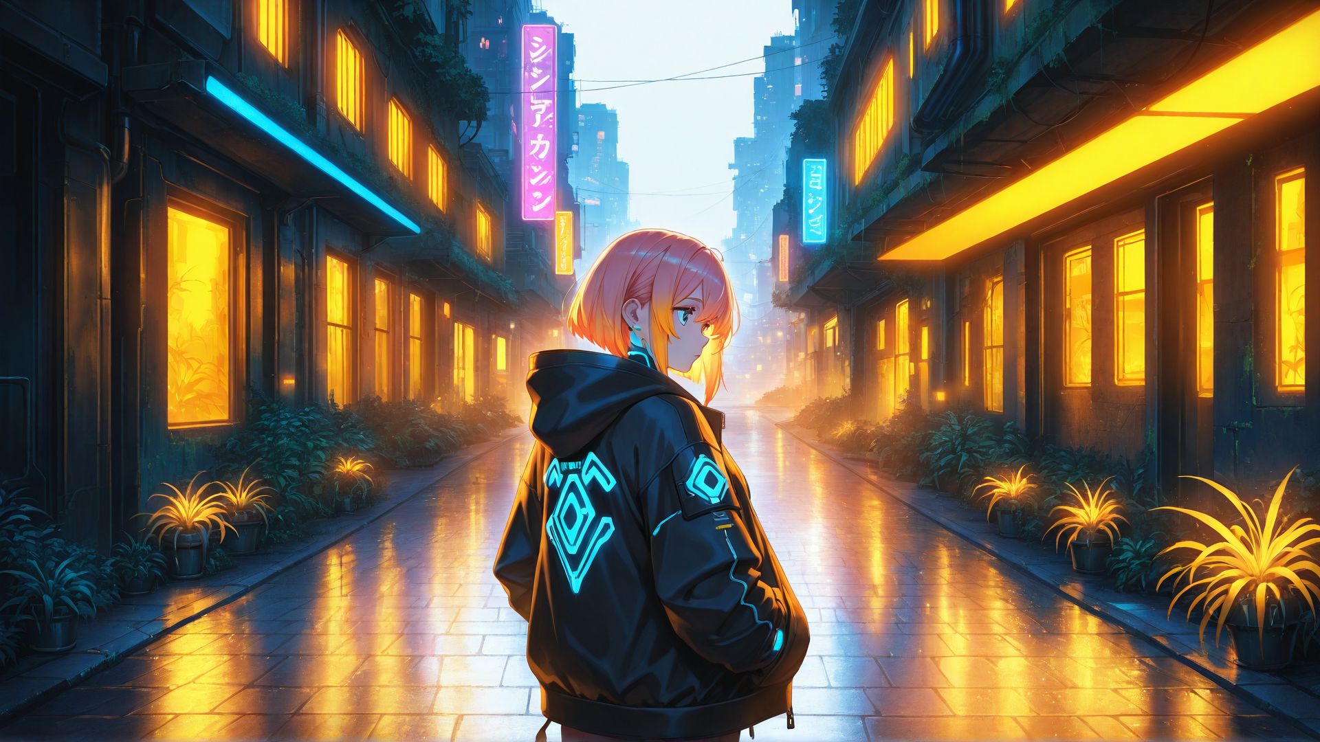 AI generated wallpaper featuring anime girl, city street, neon signs