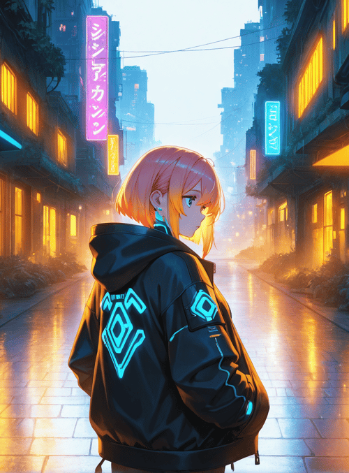 anime girl, city street, neon signs